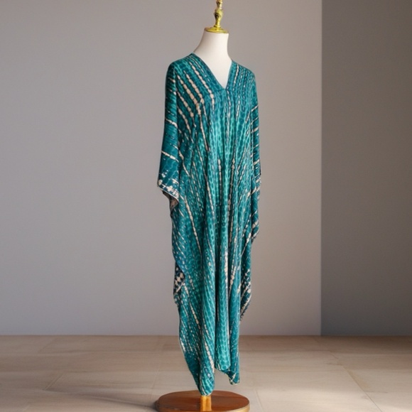 0118/ Hand Tie-Dye Rayon Caftan: Bohemian Maxi Dress, Resort Wear - Picture 13 of 15